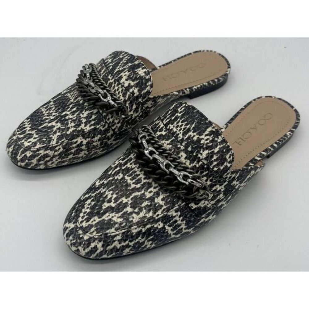Coach Black & White Snakeskin Print Chain Detail Loafers‎ - Size 6.5
